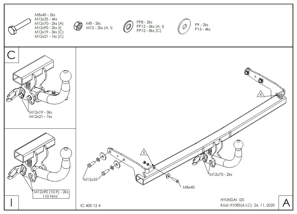 Vonóhorog Hyundai i20 5dv. 2020-, 2 csavarral rögzítve, Galia