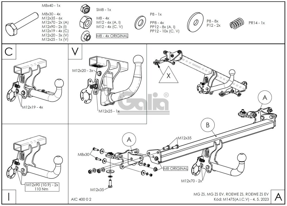 Vonóhorog MG ZS EV 2019- , 2 cs. rögzítve, Galia