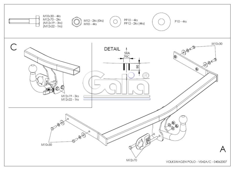 Vonóhorog Volkswagen Polo HB 2001-2009 (9N), 2 csavarral rögzítve, Galia