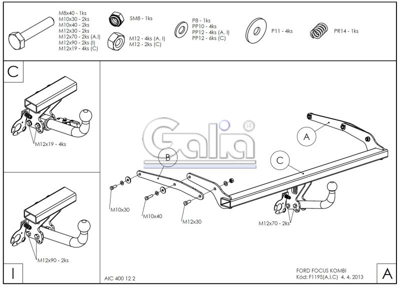 Vonóhorog Ford Focus kombi 2011-2018, 2 csavarral rögzítve, Galia