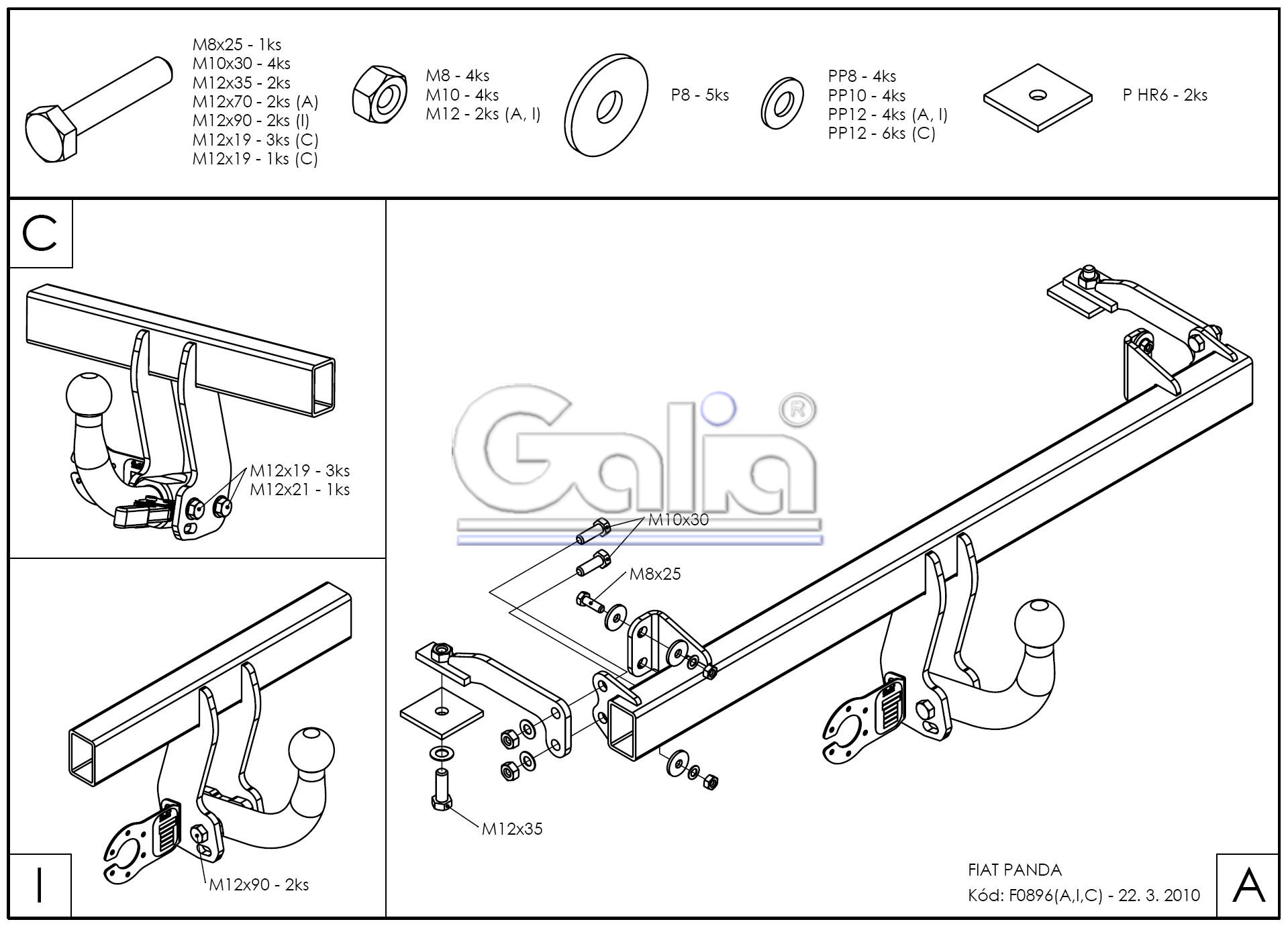 Vonóhorog Fiat Panda 4WD 2003-2012, Levehető bajonett, Galia